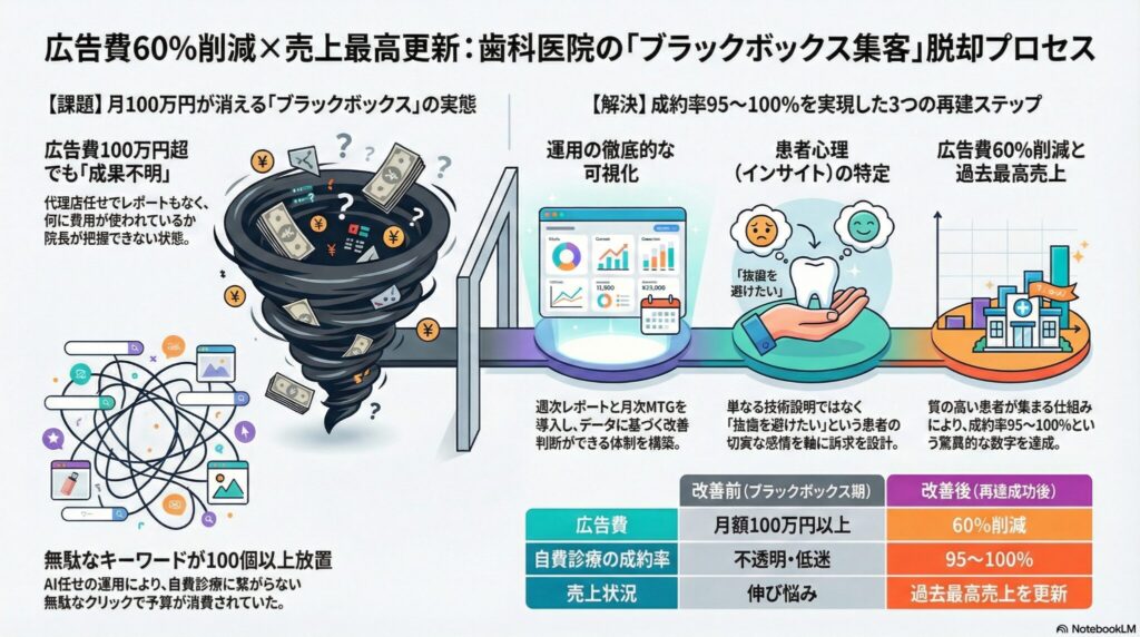 広告費60%削減×売上最高更新:歯科医院のブラックボックス集客脱却プロセス
